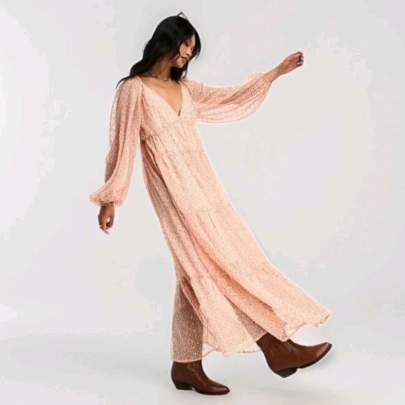 ASOS Curve Maxi Dress Lurex Chiffon Ditsy Floral Cottage Boho Fairy Gold Size 4 - Picture 2 of 16